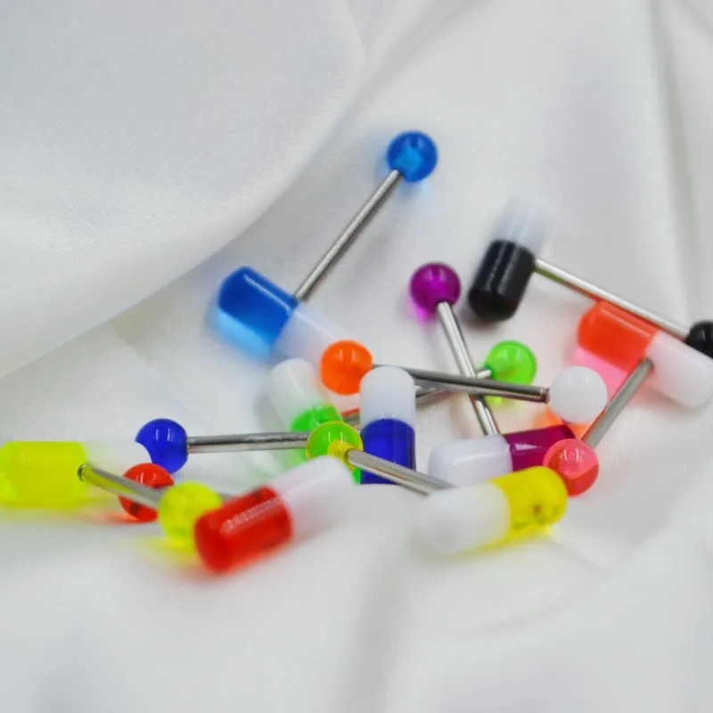 50pcs/Lot Pill Shape Tongue Ring Bar Nipple Straight Barbells Acrylic Balls Body Piercing Jewelry 1.6X16mmx7mm