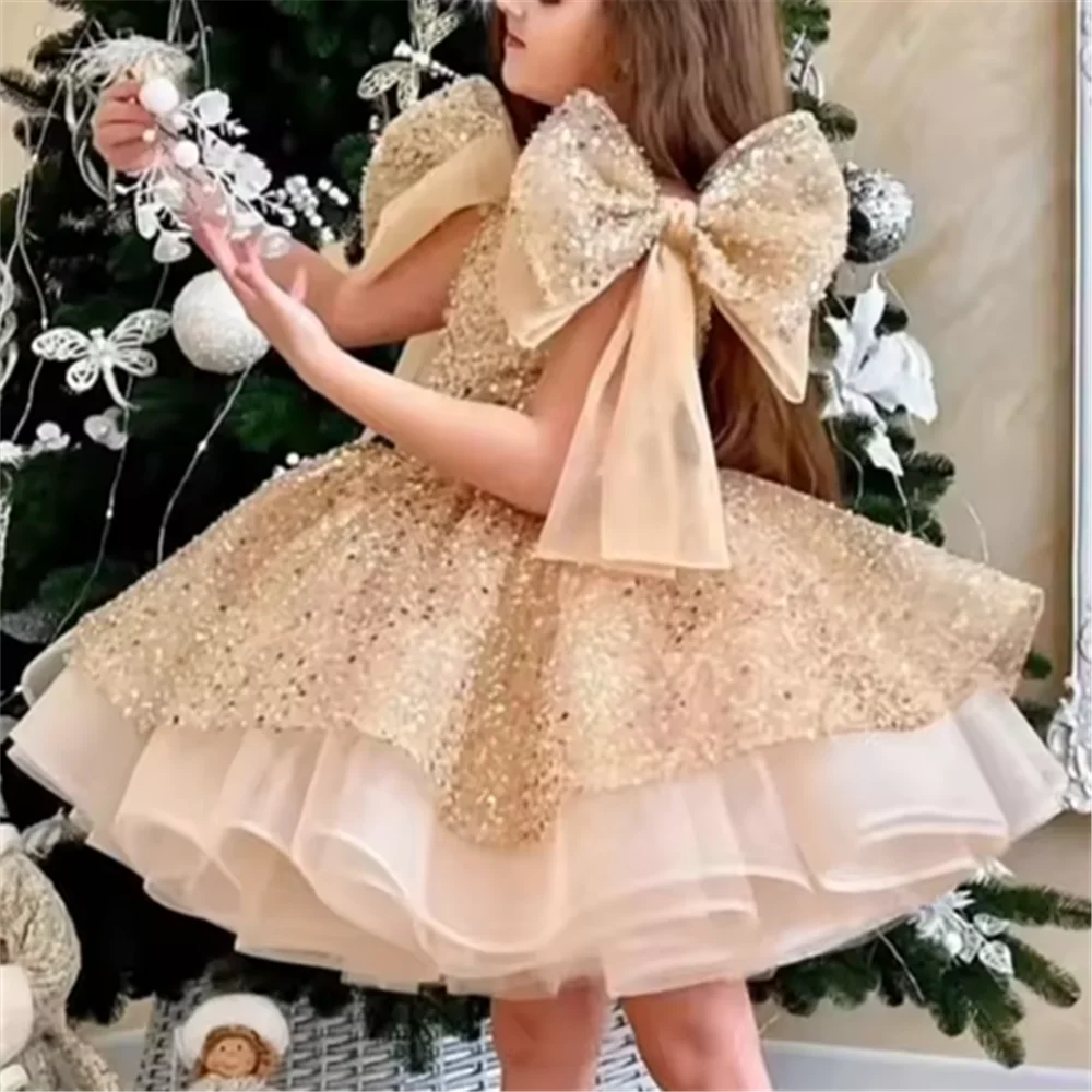 

Flower Girl Dresses Bow Puffy Little Girl Dress Satin Princess Dress Baby Girl Dresses First Communion Bow