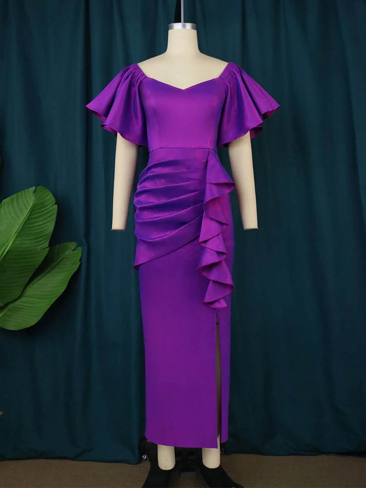 ONTINVA Purple Bodycon Dresses Plus Size Short Ruffles Sleeve High Waist Pleated Sexy Slit Midi Evening Cocktail Party Gowns 4XL