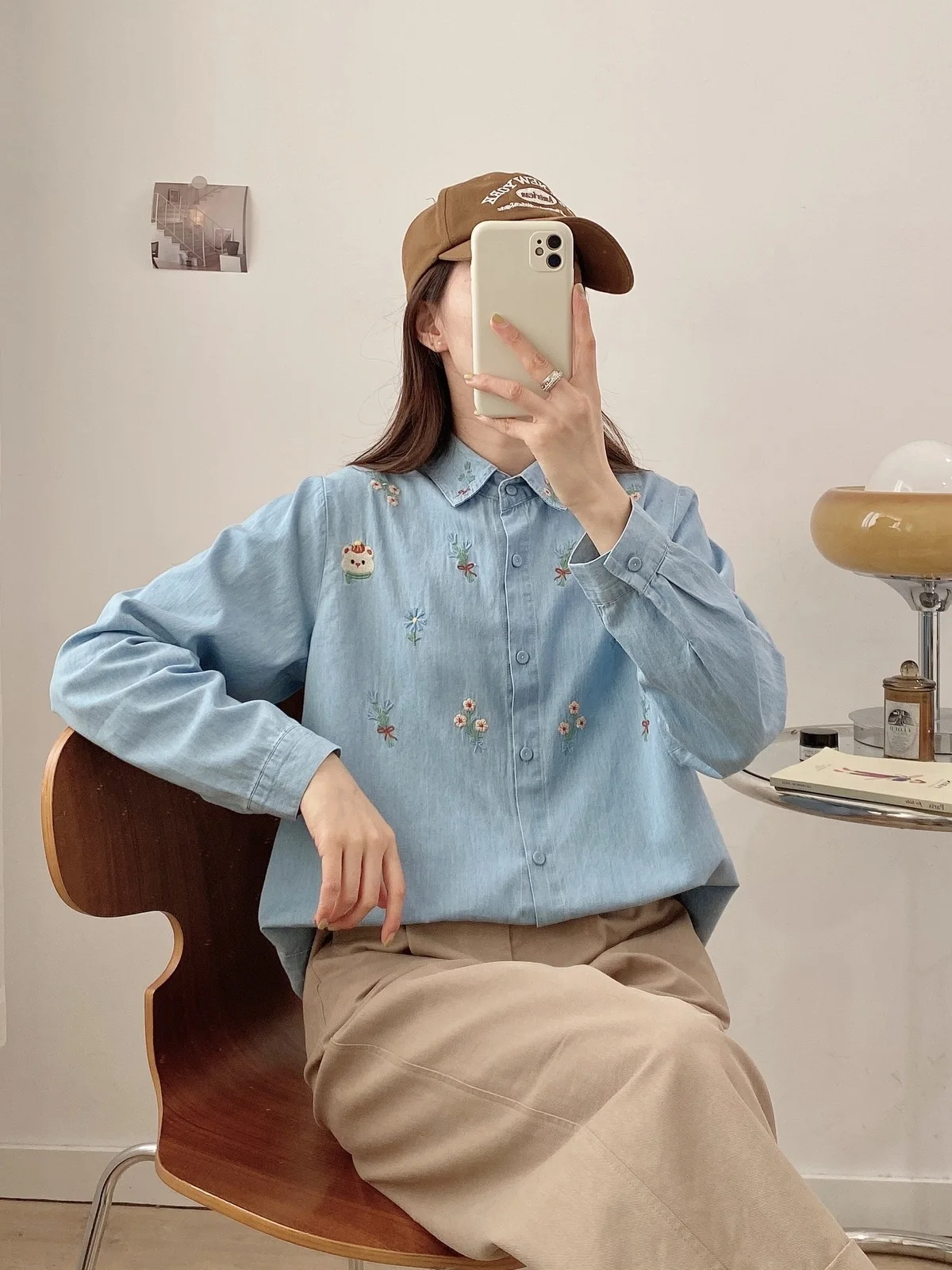 New Autumn Cotton Embroidery Denim Shirt Women Lapel Collar Top Girl Long Sleeve Loose Age Reduction Blouse 2024 Spring T3D990QC