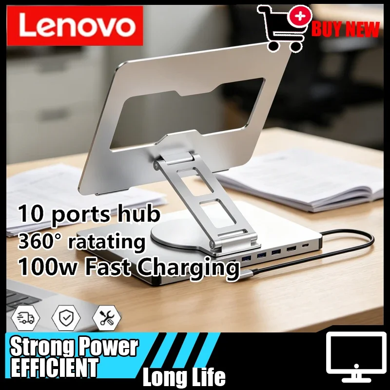 Lenovo Aluminum 10-in-1 Type-C Docking Station Hub, 4K@60Hz, USB3.0 5Gbps, 100W PD Charging for iPad Laptop Desktop