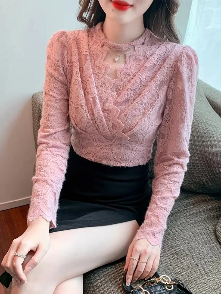 Pink Lace Shirt Women 2026 New French Style Elegant V-Neck Slim Long Sleeve Tops Korean Ins Sexy Hollow Base Blouse Outwear