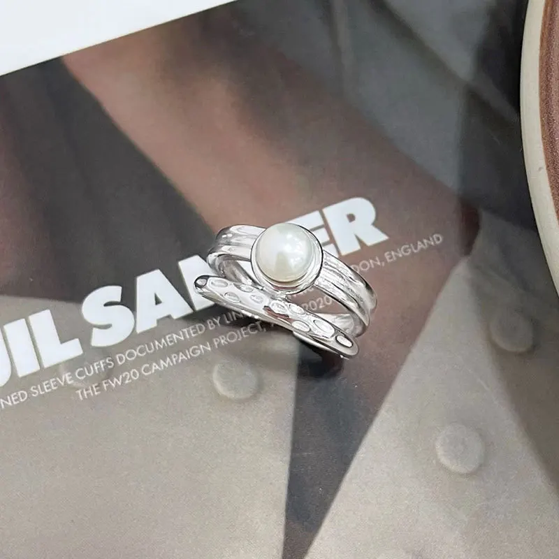 100% 925 Sterling Silver Pearl Geometric Open Ring for Women Girl Fashion Double layered Design Jewelry Party Gift Dropshipping
