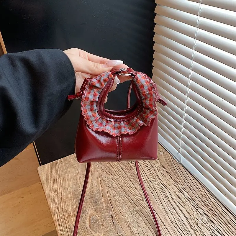 Black Pink Red Brown Plaid Ruffle Trim Handbag Girls Retro Oil Wax PU Leather Top Handle Crossbody Shoulder Bag magnetic snap