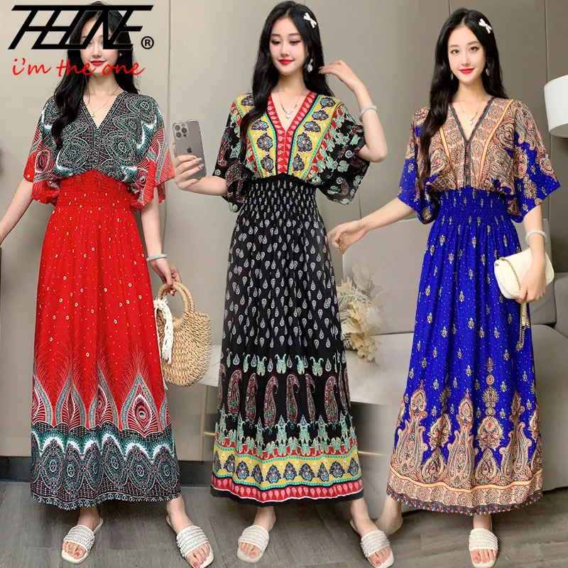 THHONE Women Dress Summer 2024 Maxi Long Print Indian Bohemian Clothing Dresses Vintage Korean Style Fashion Robe Ropa De Mujer