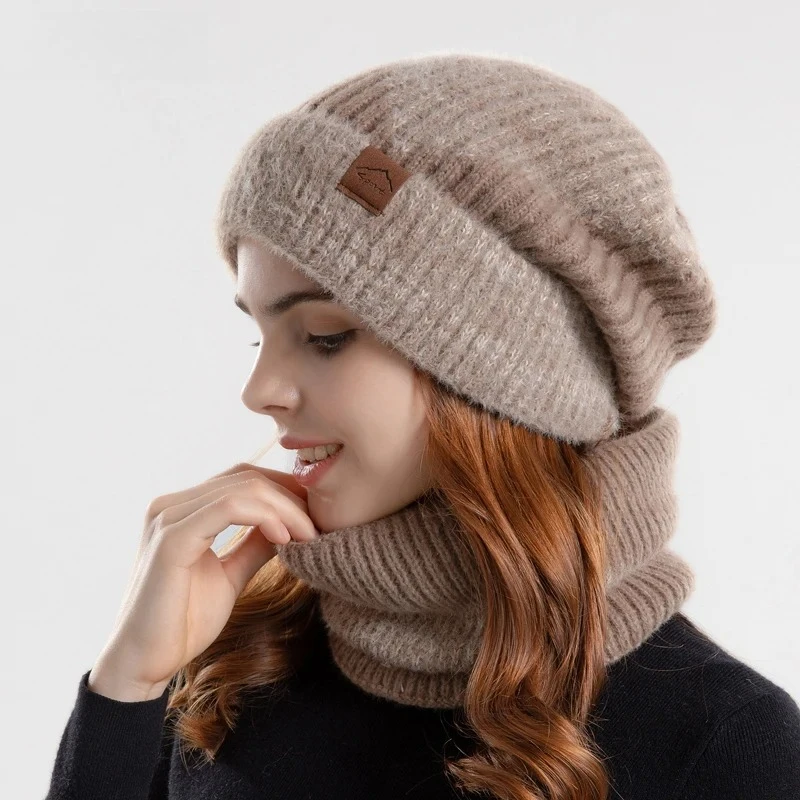 Thick Two-Tone Knit Hat for Women, Velvet Bib Warm Beanie with Earmuffs Winter Holiday Gift