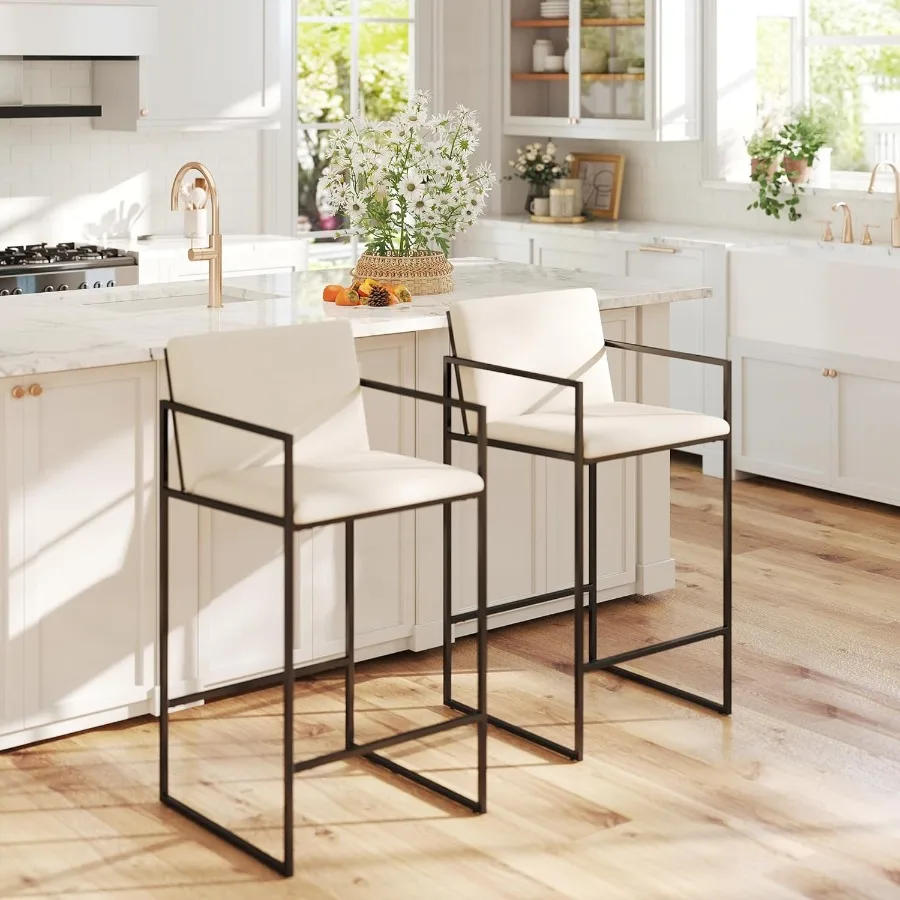 Modern Counter Height Bar Stools Set of 2 25.5 Inch Linen Upholstered Bar Stools with Back and Armrest Counter Chairs Barstools