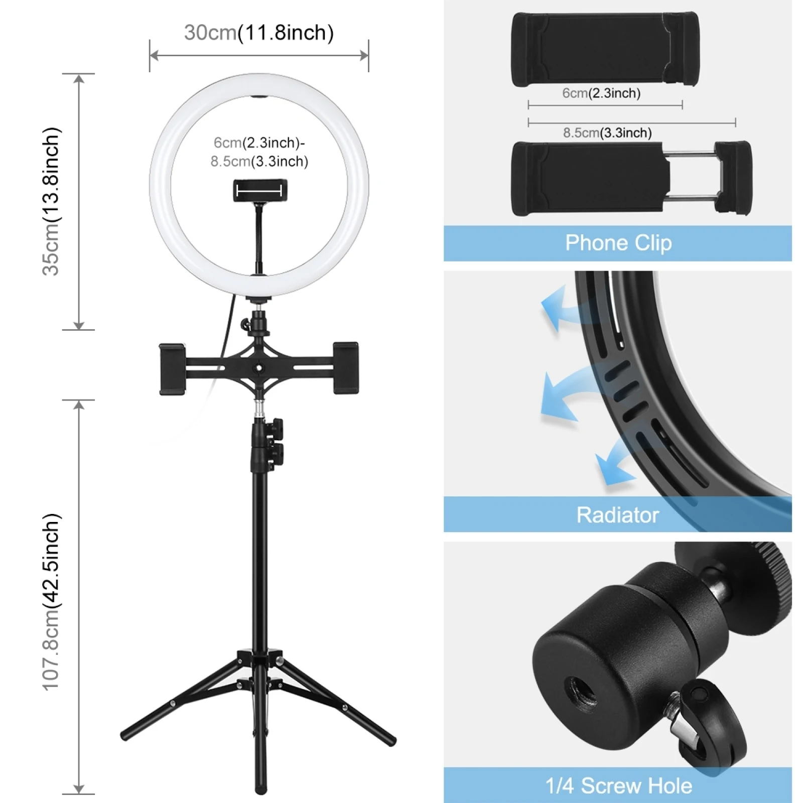 PULUZ 30cm Ring Light + 1.1m Tripod + Dual Phone Brackets 3 Modes Dimmable Dual Color Temperature LED Vlogging Video Light