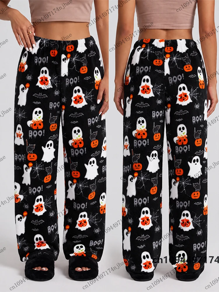 2026 Halloween Pumpkin & Ghost Print Flannel Pajama Pants For Women Autumn Winter Casual Home Pajama Pants Couple Long Pants