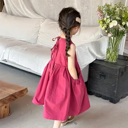 Thin Cotton Girl Dress Summer 2024 New Long Skirt Sleeveless Vest Skirt Children's Princess Dress Solid Pleated Skirt