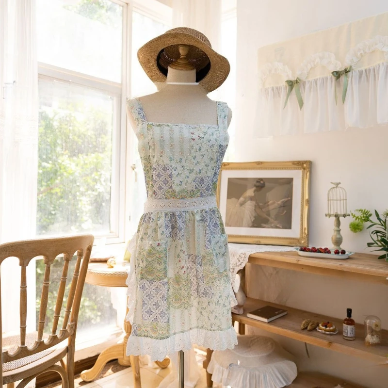 Floral Patchwork Lace Pure Cotton Apron, Kitchen,offee Shop, Gardening Oil and Stain Resistant Apron, Beautiful Clothing Aprons