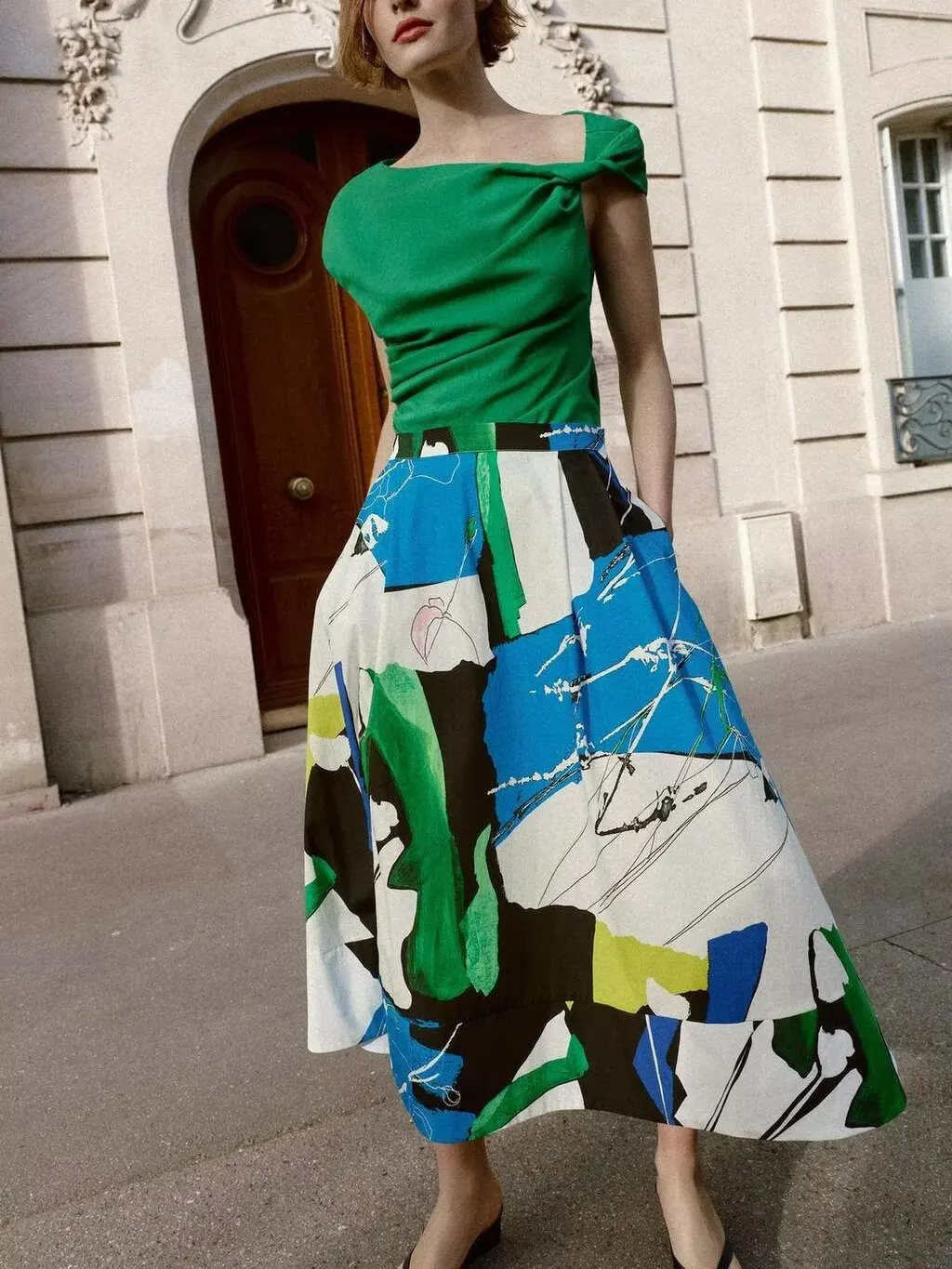 

Ele Long Printed Midi Skirt Spring New Arrival Women's Faion Gauze Pleated Dr Ethnic Stage Costume 8-25 Years Old