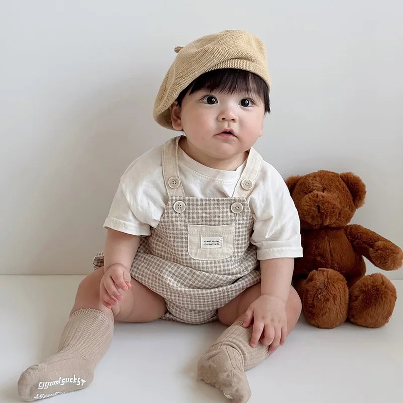 Spring Baby Short Sleeve Clothes Set Infant Boy Girl Sleeveless Plaid Bodysuit + T Shirts 2pcs Suit Toddler Cotton Set 1-8 Years