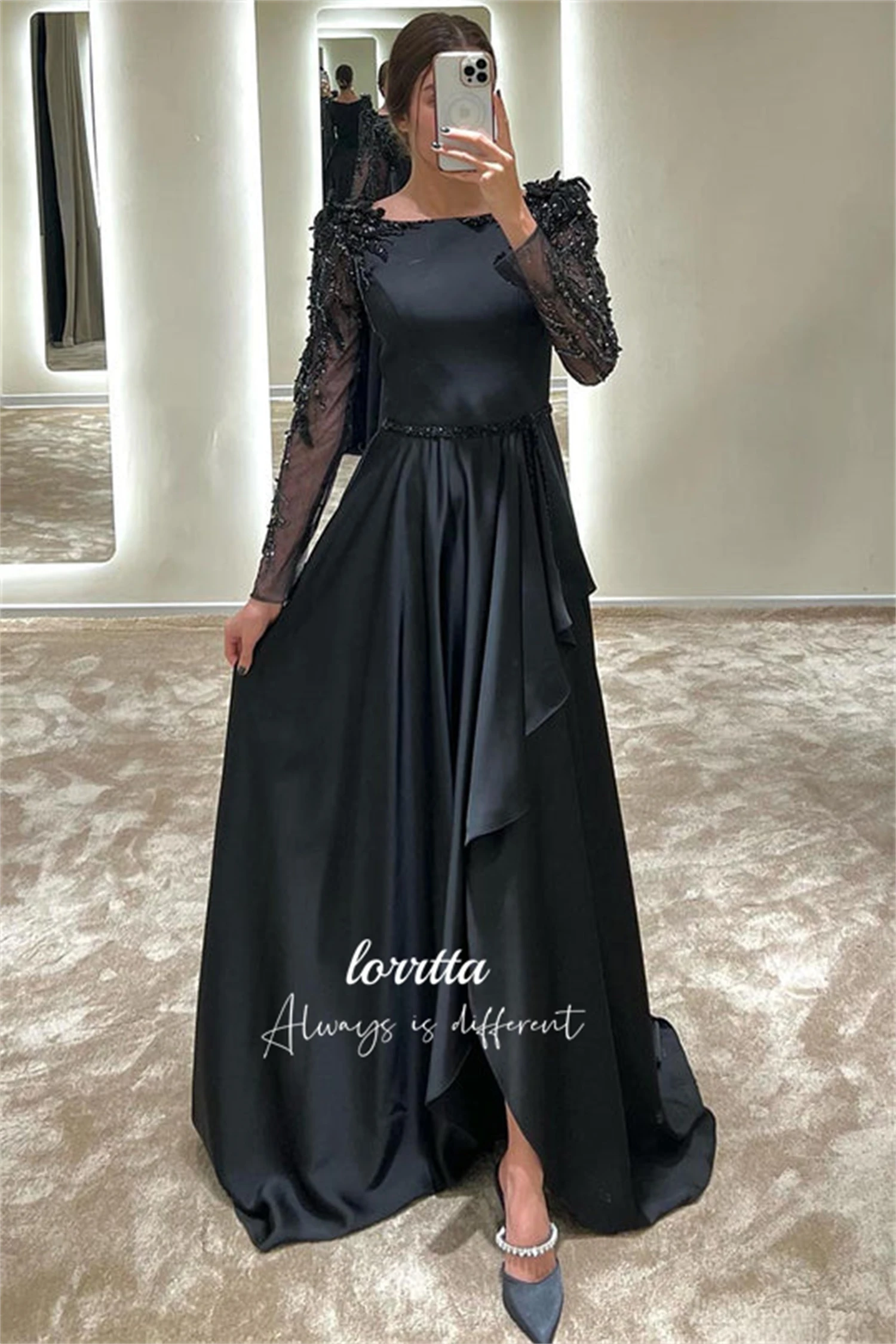 Luxuoso vestido de noite cetim preto elegante grânulo bordado decoração vestidos internacionais com mangas compridas formal personalizado