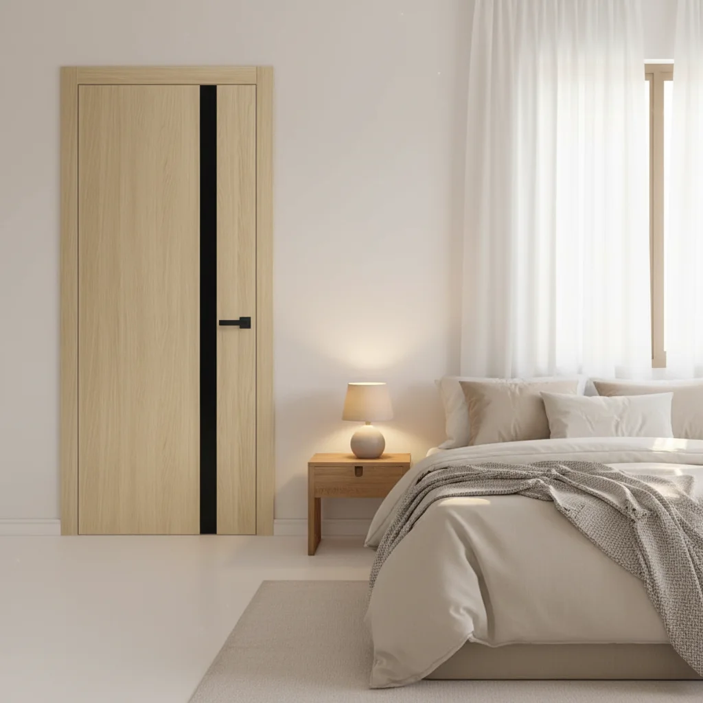 

Современная межкомнатная дверь из массива дерева с боковым открыванием и отделкой для спальни и гостиной. Акция!