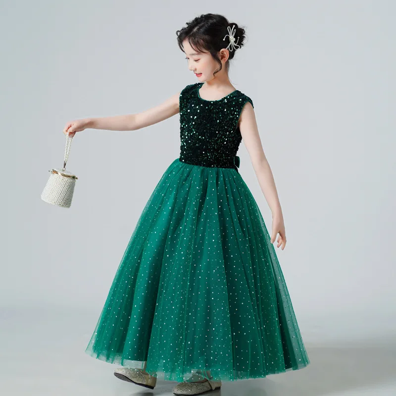 Girl's sequin mesh skirt hem, long dress, white dress, performance dress, princess dress, Korean style Flower Girl Dress