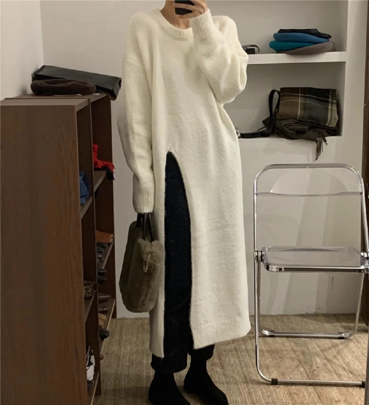 Winter Women Y2k Loose Fit Knitted Dress V Neck Sexy Slim Elastic Oversized Basic Bodycon Sweater Dress Autumn Winter Warm Long