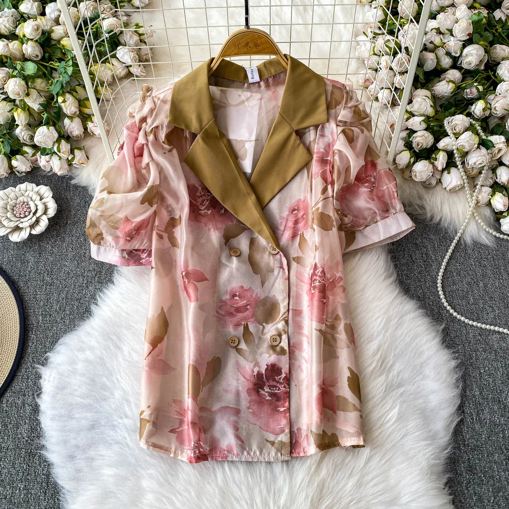 

Women Chic Notched button Slim Sexy Korean Fashion Summer Women Shirt Casual Shirts Double Breasted