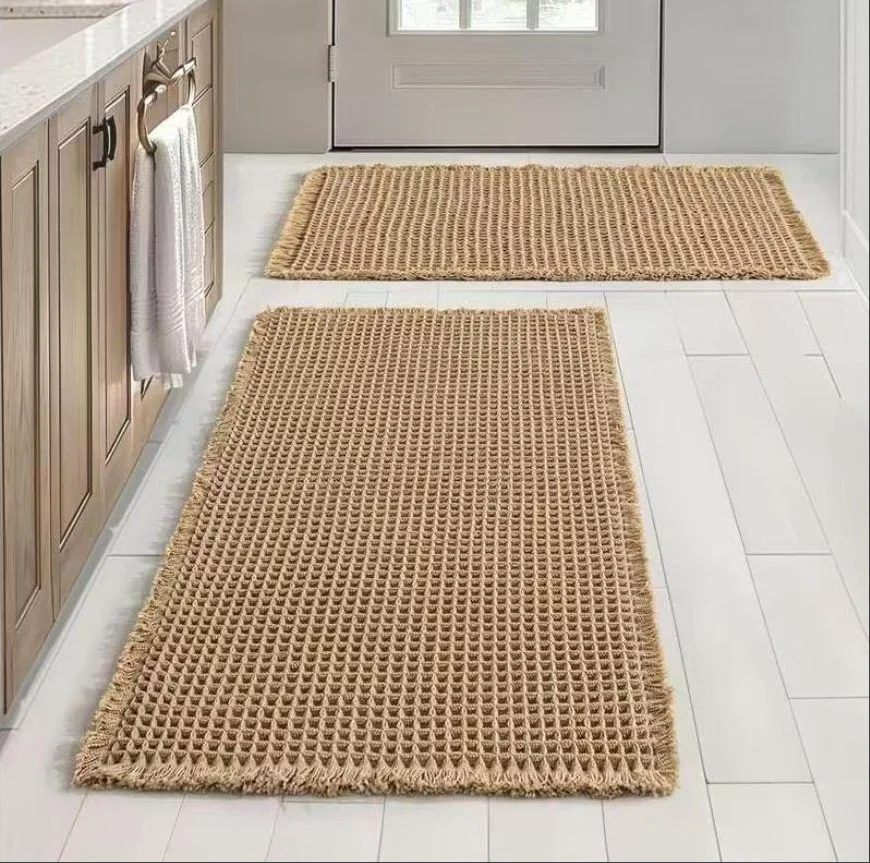 

Waffle Weave Bathroom Mat, Super Absorbent Non-Slip Bath Mat with Tassels, Machine Washable, Brown