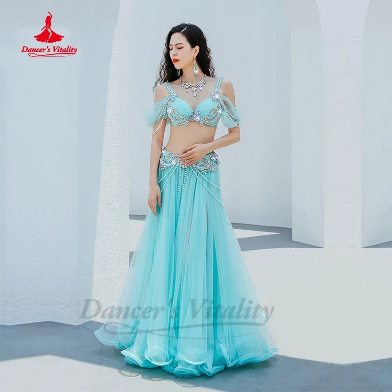 Belly Dance Performance Costume Senior AB Stones Bra Top+yarn Long Skirt 2pcs Customsized for Women Belly Dancing Popsong Suit