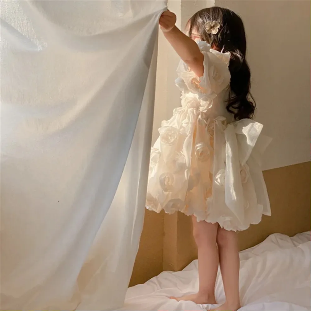 

Cute Flower Girl Wedding Dress Appliques Floral with Bow O Neck Short Sleeves Princess Birthday Party Prom Dress Customized