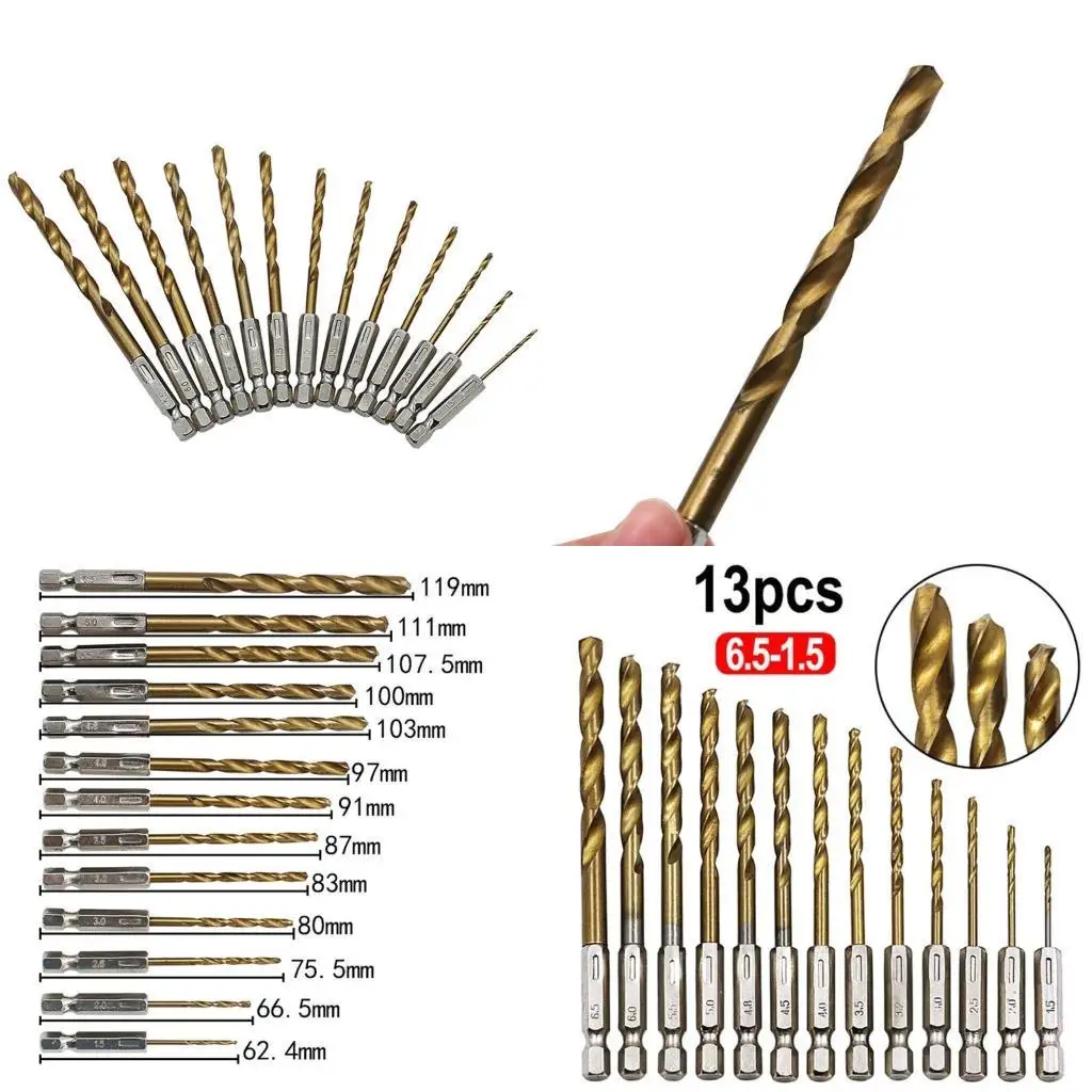 

Y1UD 13PCS/SET 1.5-6.5MM HSS High Speed Steel for Titanium Coated 1/4 Shank Drill