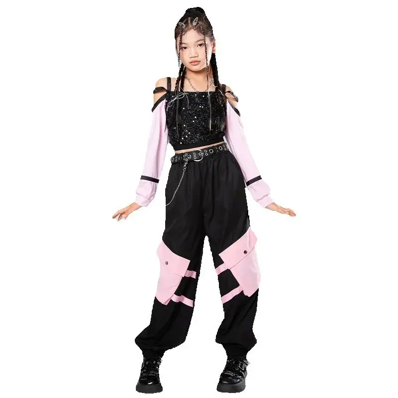 Novas crianças ternos de dança de salão crianças legal hip hop roupas meninas jazz dança traje kpop outfit rua dancewear xs8927