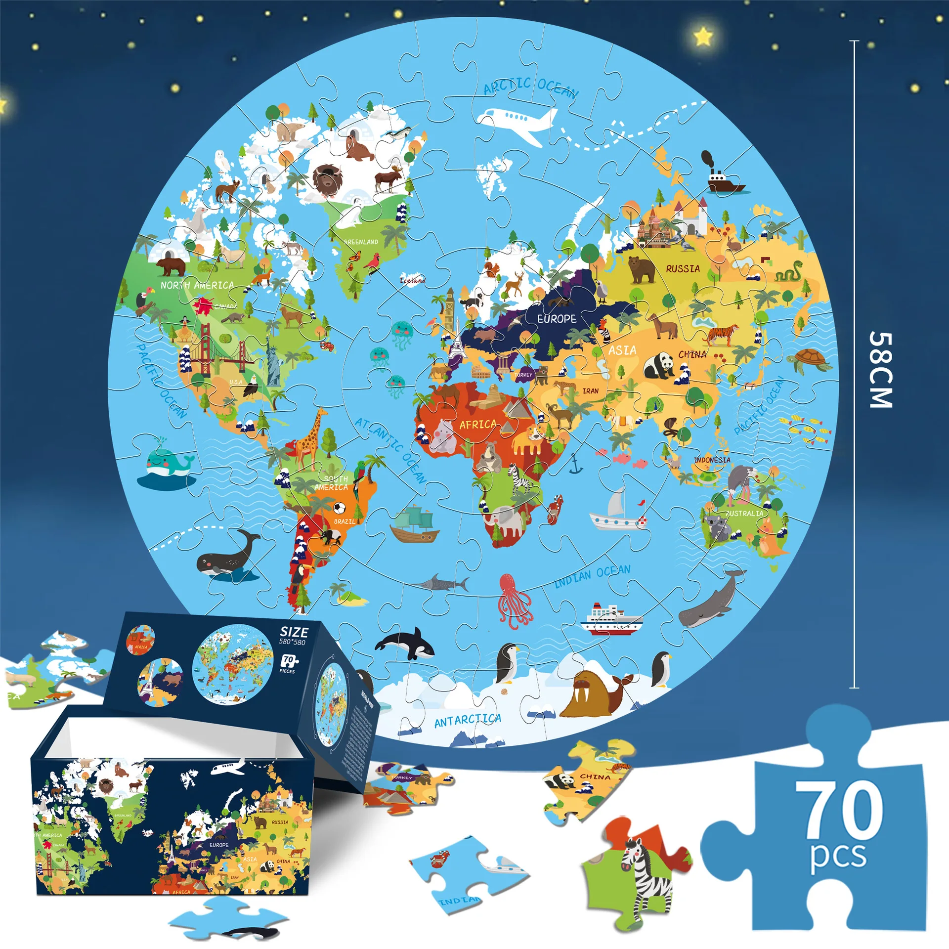 

Round blue card paper 70 pieces puzzle space luminous puzzle children's educational science and education fun puzzle toy