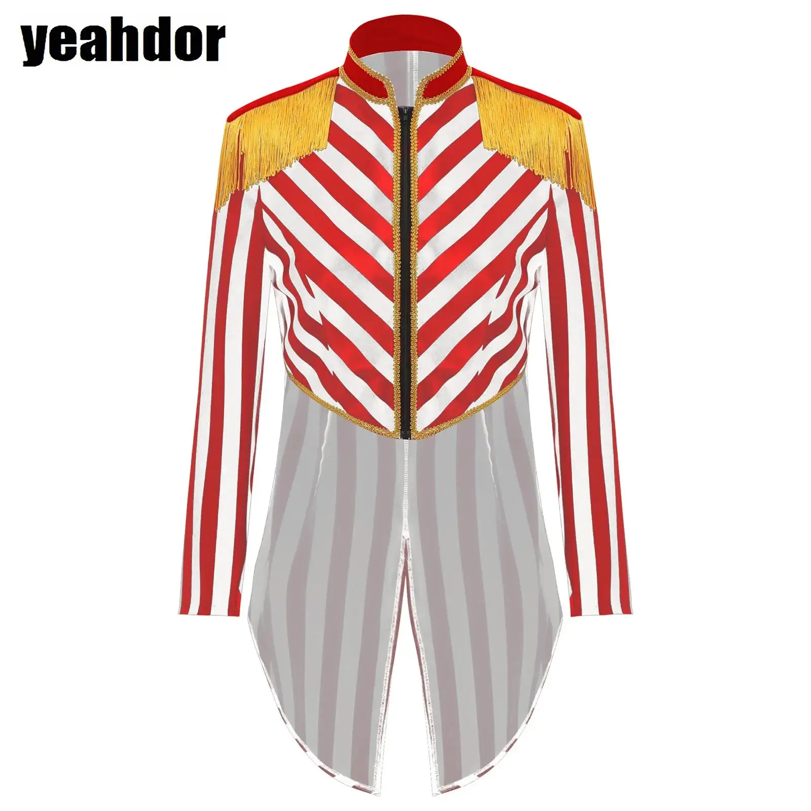 

Women Circus Ringmaster Costume Magician Stripe Tailcoat Long Sleeve Tassel Shoulder Boards Jacket Coat Halloween Lion Tamer Cos