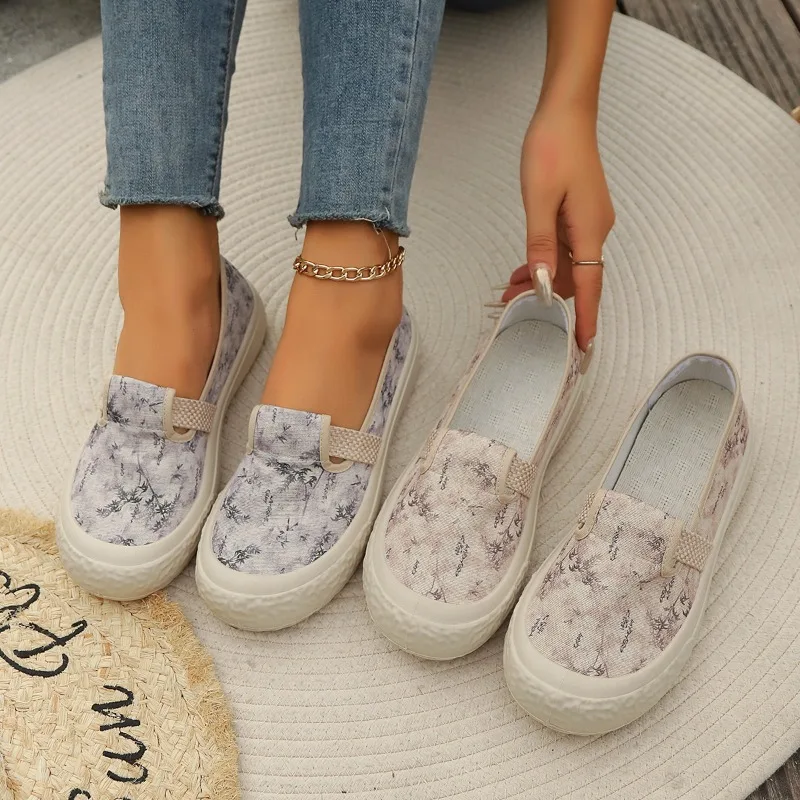 2024 Spring Autumn Solid Color Elegant Shallow Mouth Breathable Canvas Flat Shoes New Round Toe Comfortable Casual Women's Shoes