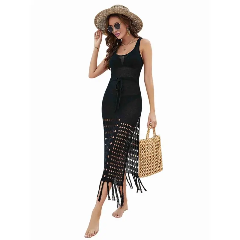 

Женское пляжное платье-накидка ABUE, вязаное крючком, ажурное, длинное, без рукавов, с разрезом по бокам, для купальника и бикини