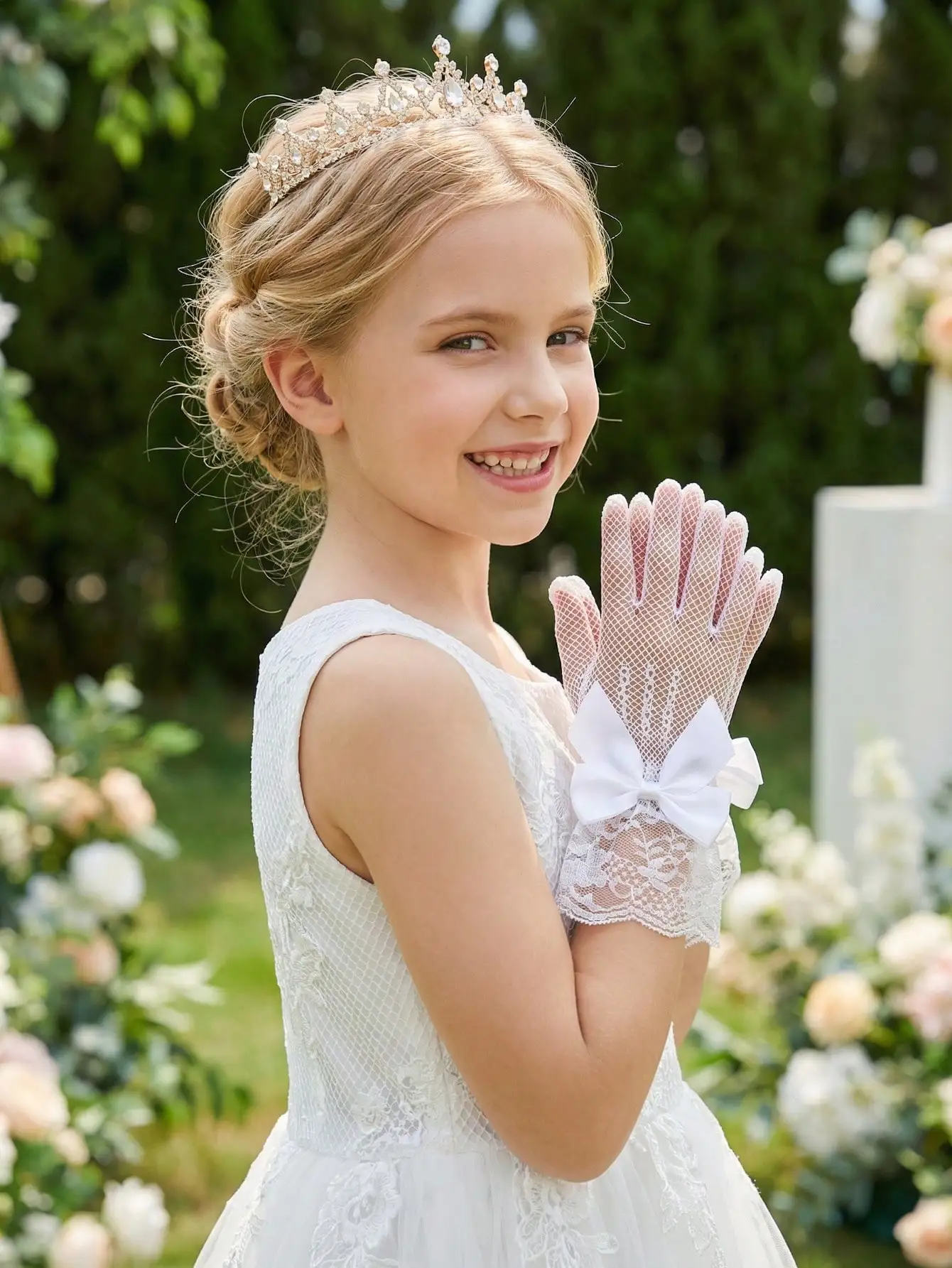 1Pair 4-12Y Kids White Elastic Mesh Gloves With Bow Formal Gloves For Beauty Pageant Ballet Wedding Birthday Party