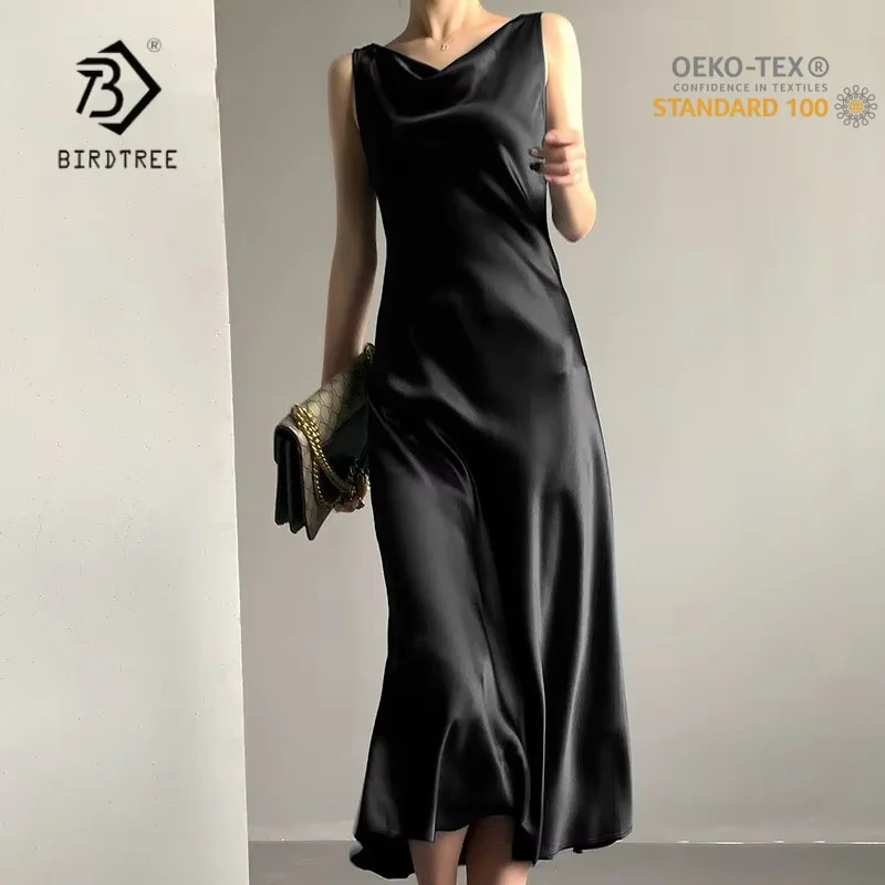 BirdTree, OEKO-TEX 100% Real Silk Dress, Women's Satin Swinging Collar Sleeveless Dresses, 2025 Summer Elegant Dresses D5O110JF
