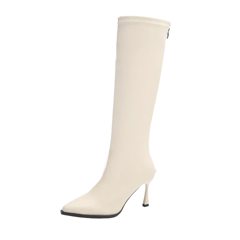 Bottes hautes en cuir PU pour femmes, talons épais, bottes Parker pointues pour dames, noir, blanc, marron, petite taille, automne, hiver, nouveau mm, 1386-1