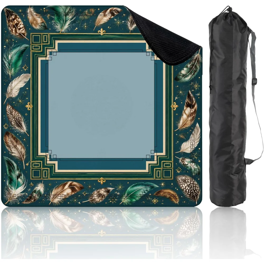 Luxury 3mm Neoprene Mahjong Tablecloth 31.5 Inch Golden Feather Teal Frame Non Slip Noise Reduction for Mahjong Poker