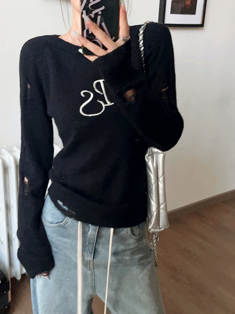 Tonngirls Gothic Vintage Sweater Women Long Sleeve Knit Y2k Pullovers Streetwear Broken Sweater Female Autumn Winter Tops 2000s