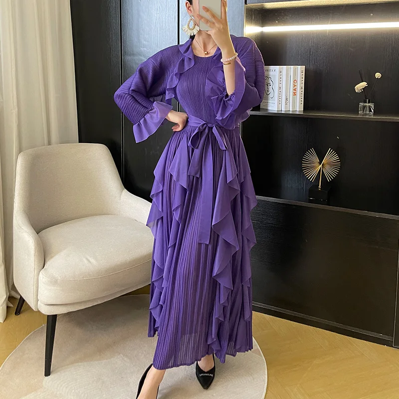 

Miyake Fashion Slim Fit Spliced Ruffle Edge Long Dress Women's Flare Sleeve Belt A-line Loose Lapel New 2023 Summer Dresses