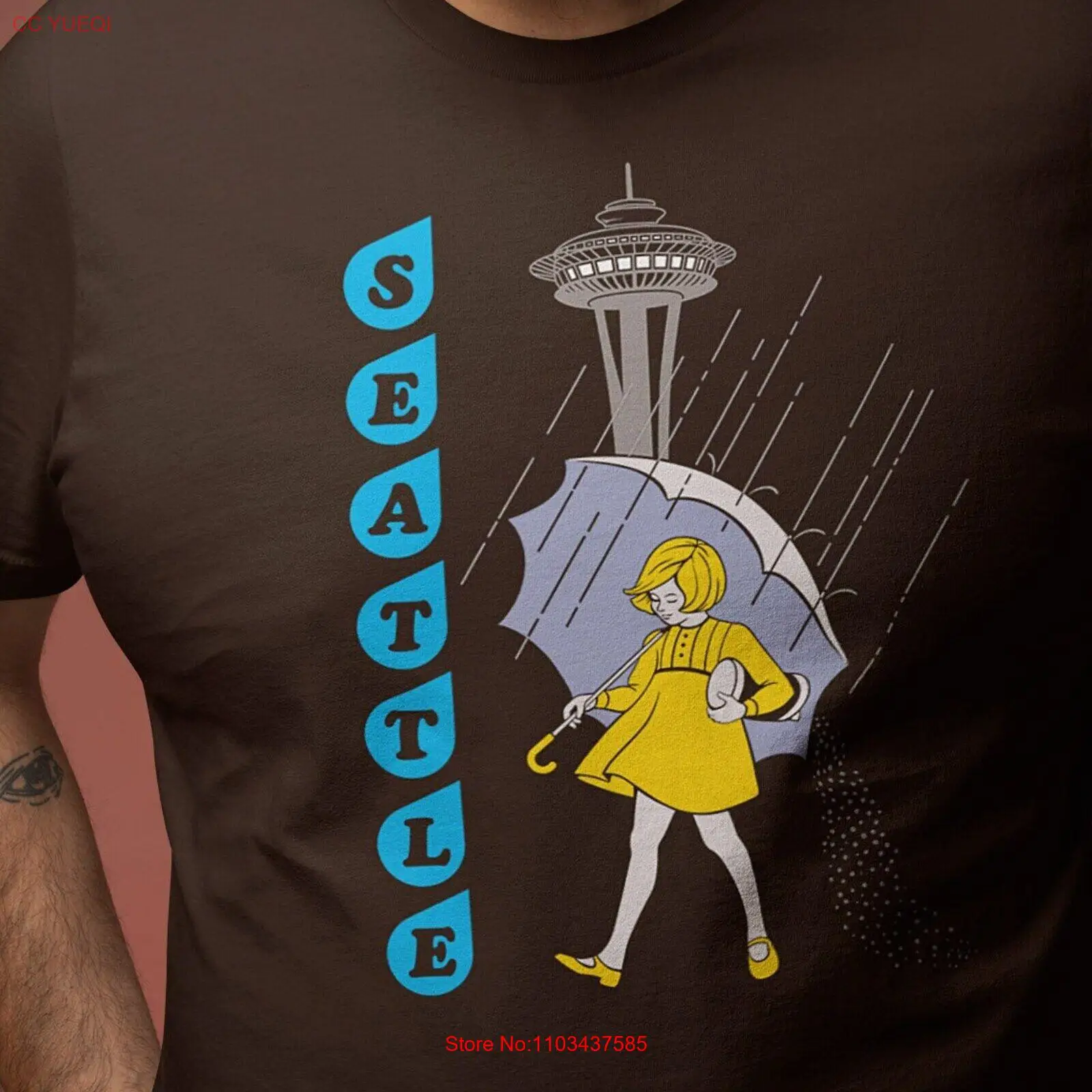 Ретро стиль дождь тема Сиэтл с космической иглой поп хлопок унисекс футболка