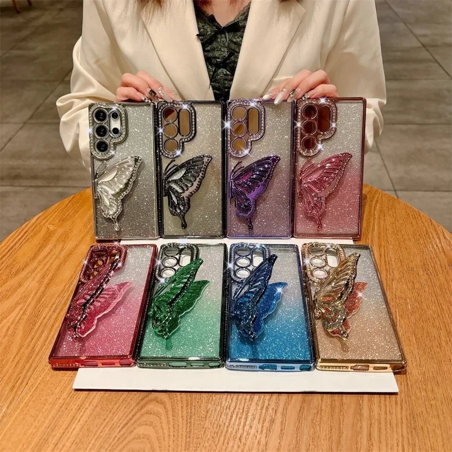 فراشة قوس حامل بريق الحال بالنسبة لسامسونج غالاكسي S25 الترا S24 FE S23 S22 زائد A26 A36 A52 A53 A12 الماس غطاء الموضة