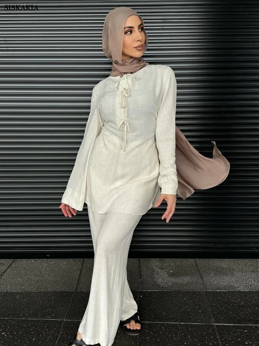 

Siskakia Ramadan Muslim woman Belt Two-Piece Suit Stylish Women's Clothing Solid Elegant Casual Clothing
