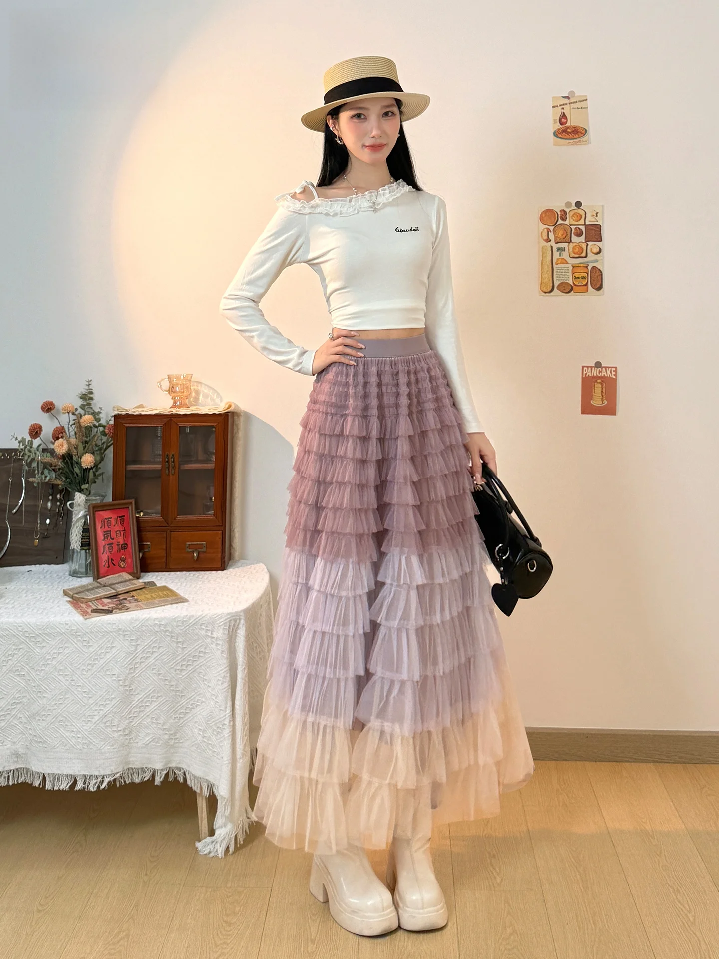 

Graduated Color Mesh Cake Multi-layered Tulle Skirt Women's 2026 New Summer High Waist Super Fairy Tale Long Skirt