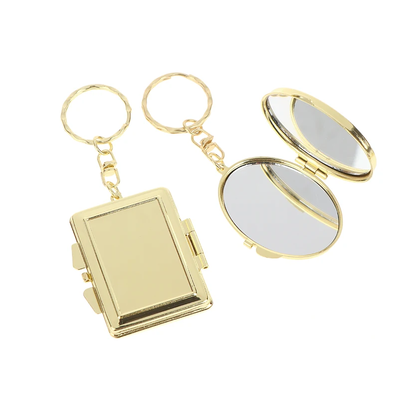 Gold Mini Folding Mirror Keychain Round/Heart/Oval Square Shape Double Sided Cosmetic Mirror Keyring Makeup Mirror Women Gift