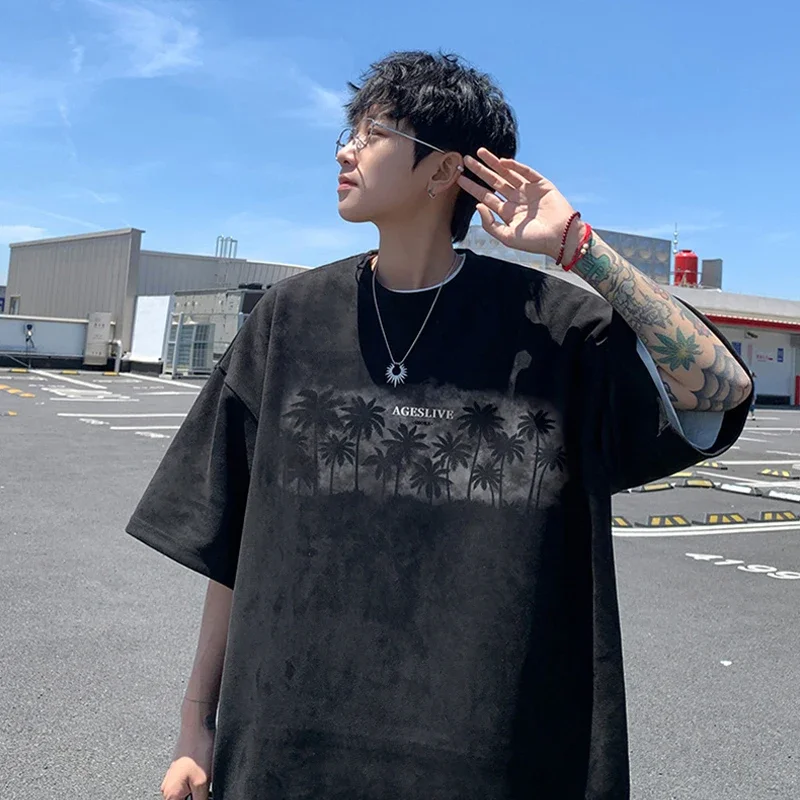 

Летние мужские футболки с короткими рукавами и принтом кокосовой пальмы, винтажные замшевые футболки с круглым вырезом в стиле хип-хоп, модные топы Y2K