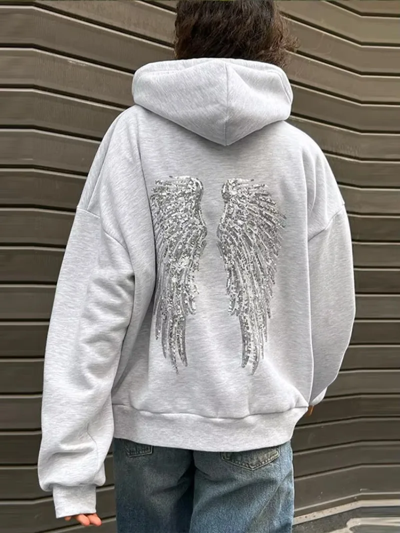 Leisure Spring and Autumn Sweater Wing Print and Hot Rhinestone Two Styles Women's Long-sleeved Pullover Hoodie