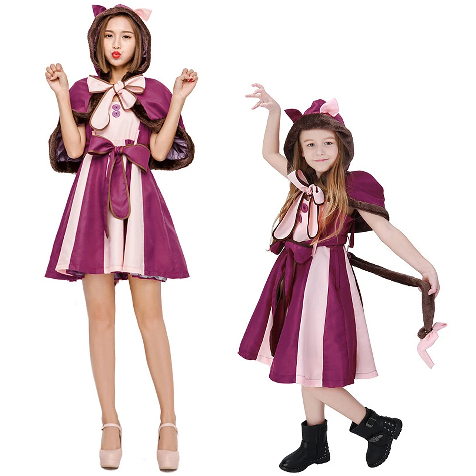 Family Matching Alice Cat Cosplay Purple Dress Shawl Set Women Girls Masquerade Party Frocks Kids Halloween Carnival Costumes