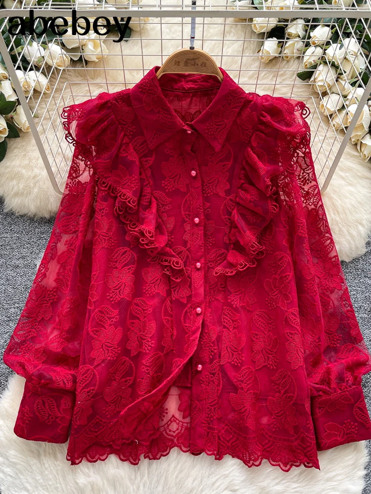 

Новинка 2026, винтажные французские блузки, женские однобортные повседневные топы с рюшами и длинными рукавами, осенние милые кружевные рубашки с бисером