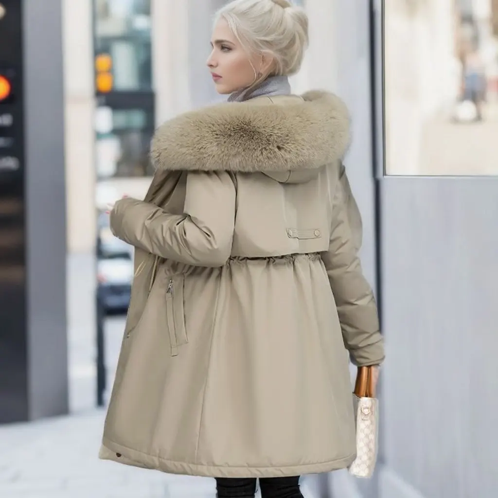 

Women's Mid-Length Slim Fit Parka Coat with Detachable Fur Collar Cotton-Padded Fashion Outerwear for Autumn And Winter