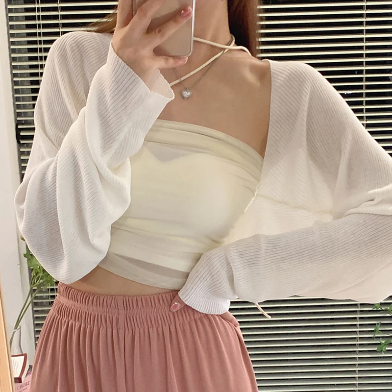 Summer Women Cardigan Solid Color Thin Ice Silk Knit Sunscreen Casual Versatile Shawl Cover-up Cropped Short Small Shoulder Top