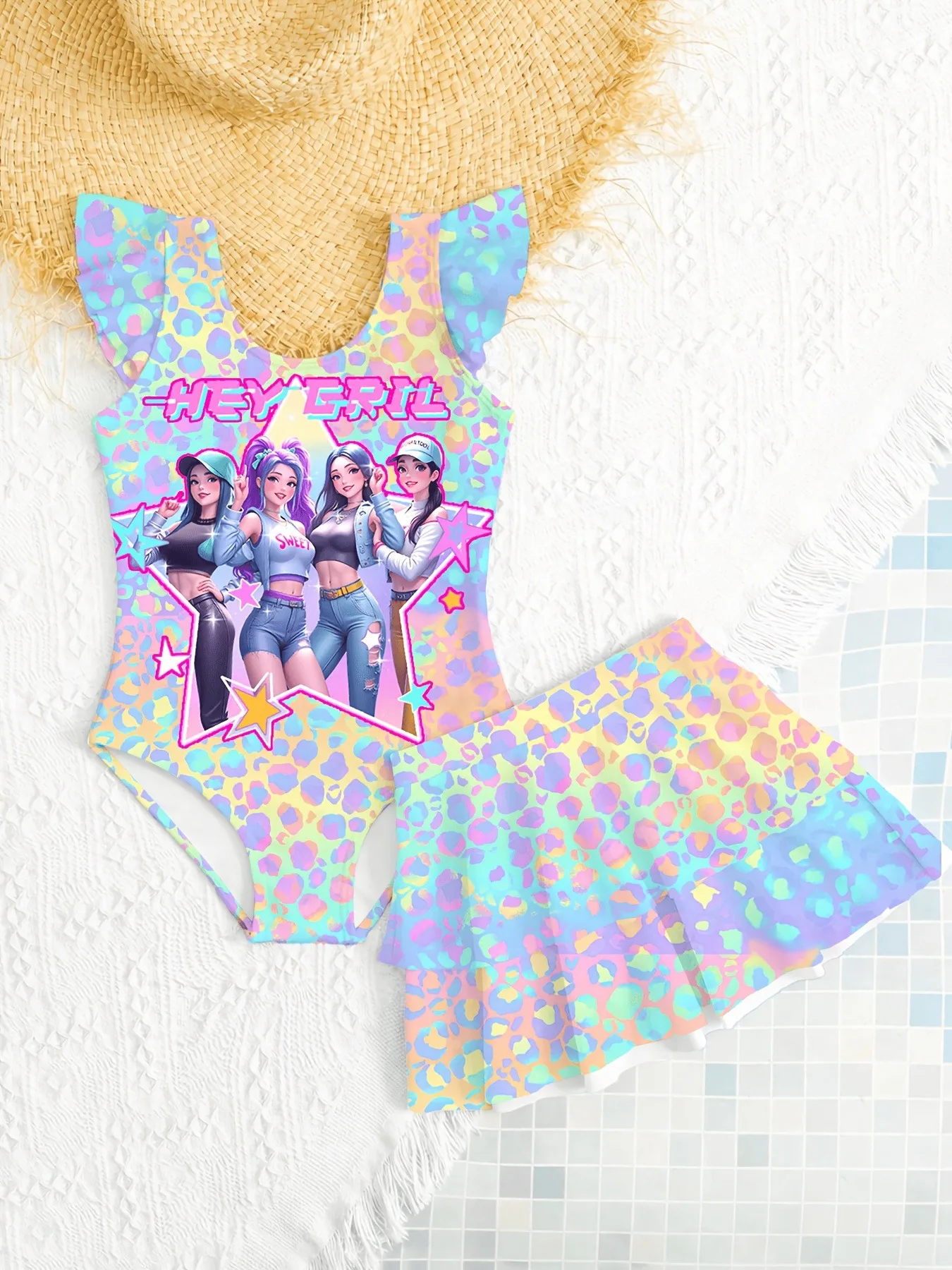 Comfy Kids Girls Two Piece Swim Outfit, U Neck Ruffle Shoulder Pastel Leopard Cartoon Printed One Piece Swimsuit & Tiered Rainbo