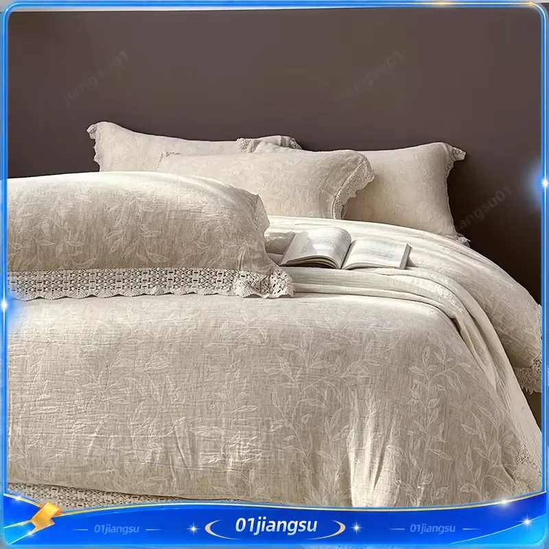Natural Linen Cotton French Vintage Jacquard Hollow Lace Princess Bedding Set 4Pcs Duvet Cover Fitted Sheet Pillowcase Home